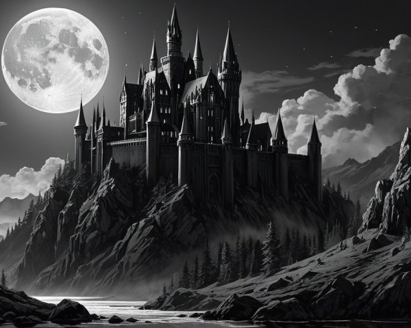 Gothic Castle on Cliff Under Full Moon and Stars
