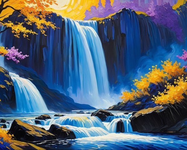 Impressionistic Painting of a Waterfall and Landscape