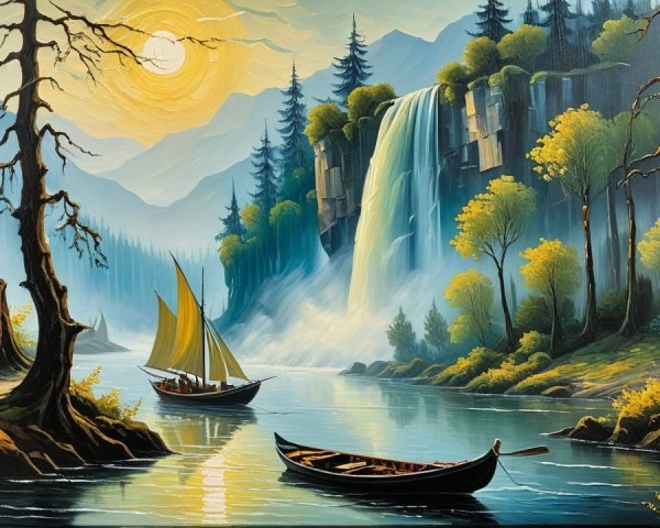 Vibrant landscape with river, boats, and mountains