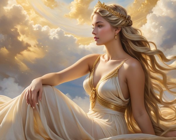 Serene Figure in Elegant Gown Against Cloudy Background