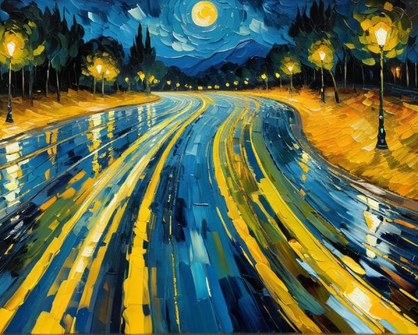 Vibrant Night Scene with Illuminated Winding Road