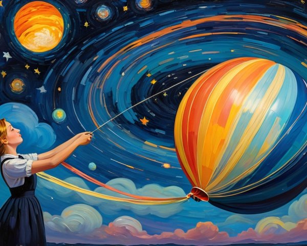 Young girl with balloon in a cosmic night scene