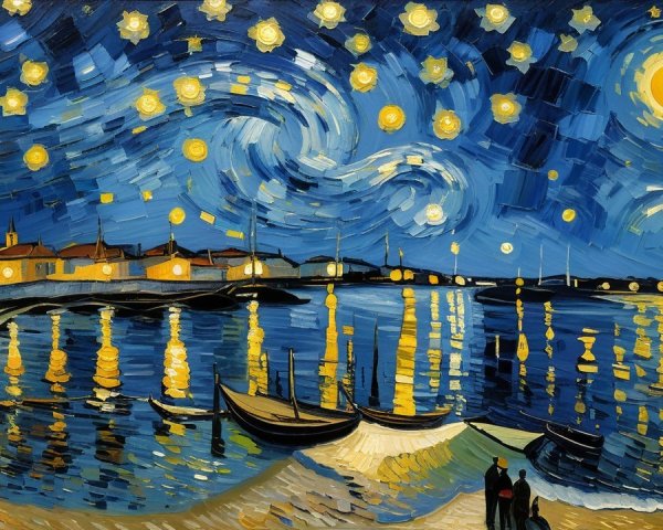 Starry Night Harbor Scene with Crescent Moon and Boats