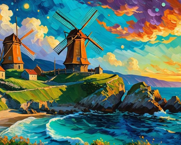 Vibrant Landscape with Windmills and Coastal Cottages