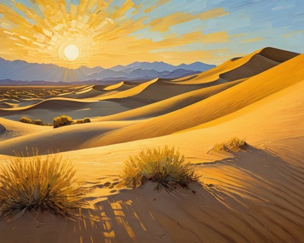 Vibrant Desert Landscape with Golden Sunlight and Dunes