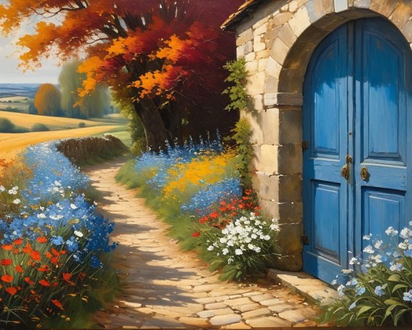 Idyllic Countryside Pathway with Wildflowers and Cottage