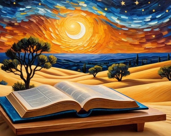 Vibrant Painting of an Open Book in Surreal Landscape