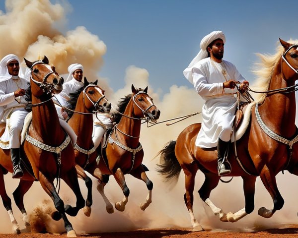 Riders in White Garments Galloping Through Dusty Landscape