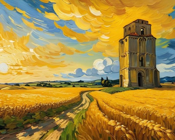 Vibrant Wheat Field Landscape with Historic Tower