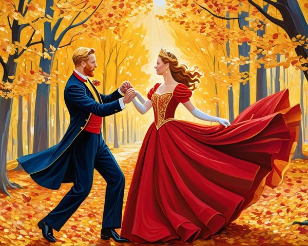 Autumn Forest Dance of Prince and Princess in Warm Hues