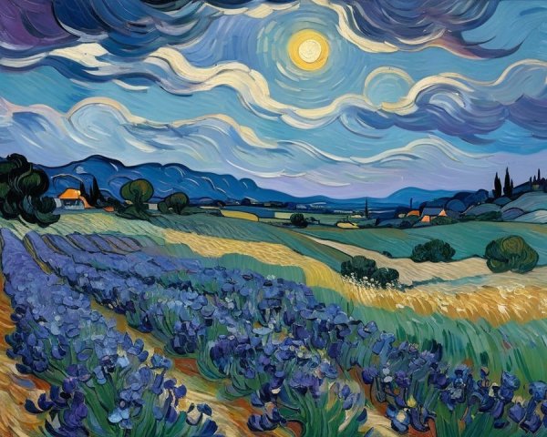 Vibrant Expressionist Landscape with Irises and Mountains