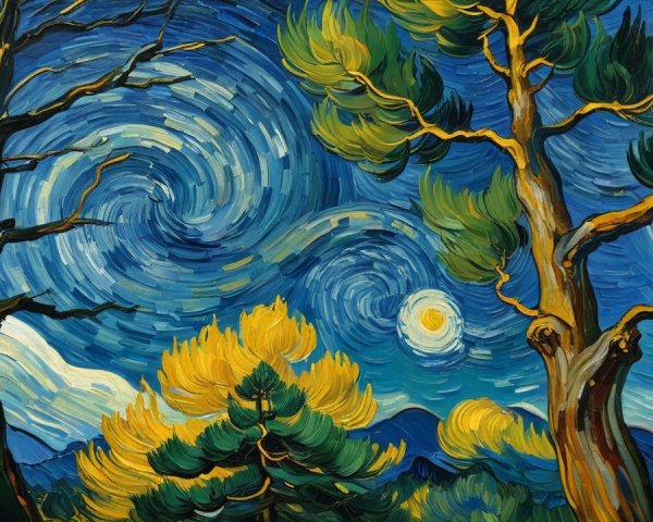 Van Gogh Inspired Night Sky with Trees and Landscape