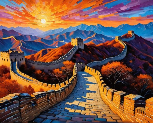 Vibrant Sunset Over the Great Wall of China