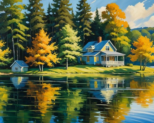 Lakeside Scene with Blue House and Forested Landscape