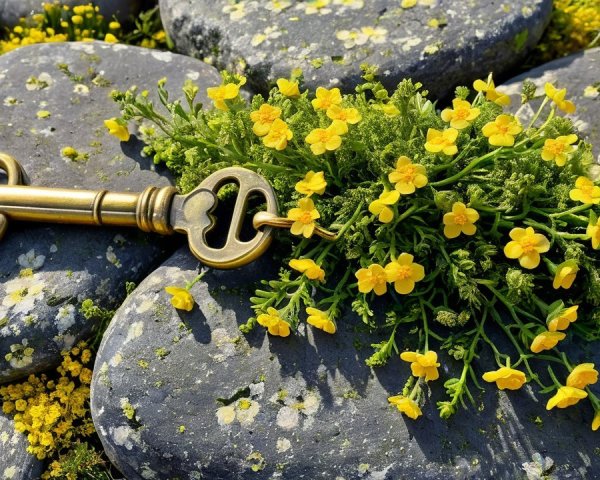 Vintage Key on Dark Stones with Green Foliage and Flowers