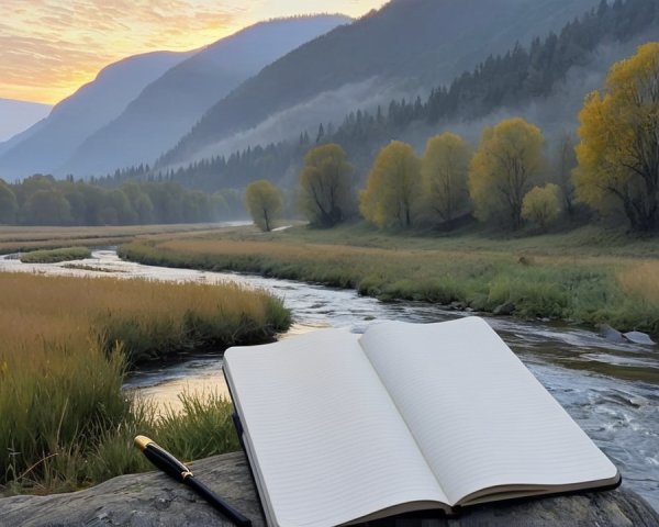 Serene Landscape with Misty Mountains and Stream