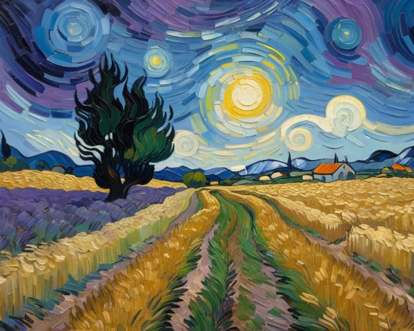 Vibrant Landscape with Wheat Fields and Starry Sky