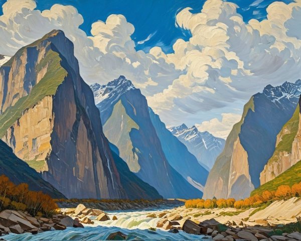 Majestic Mountain Landscape with River and Autumn Foliage