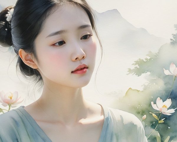 Young woman in serene pose with watercolor background