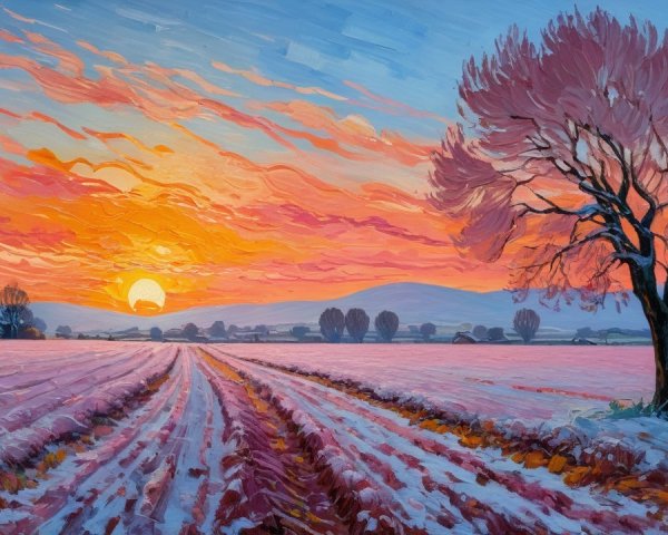 Winter Sunset Landscape with Silhouetted Tree