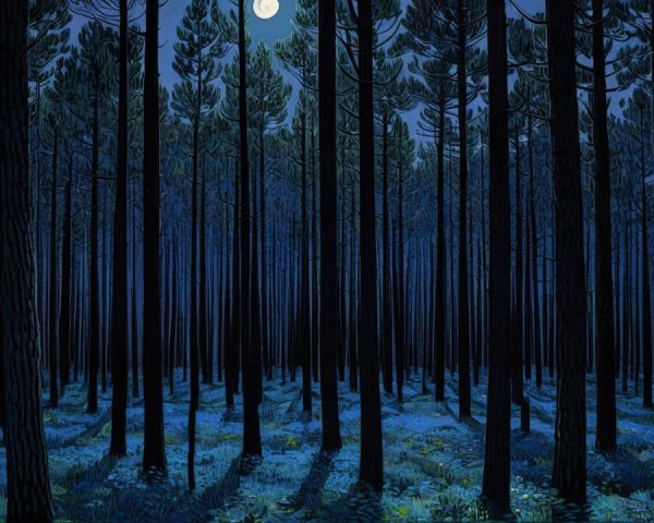 Moonlit Forest with Tall Trees and Wildflowers