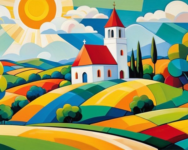 Vibrant Abstract Landscape with Church and Cypress Trees