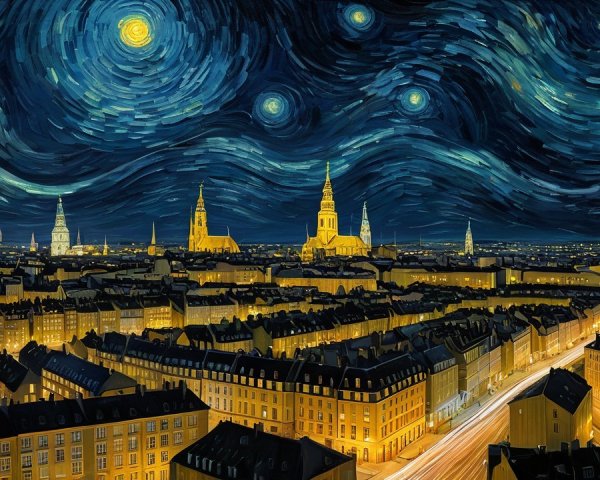 Vibrant Night Scene with Stars and Cityscape Elements