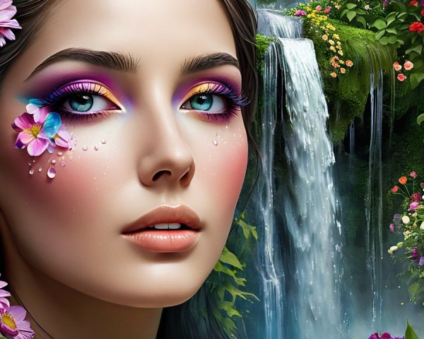 Close-up of a woman with vibrant makeup and flowers