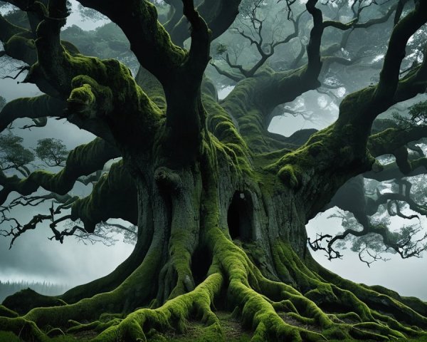 Ancient Tree with Gnarled Trunk and Lush Moss