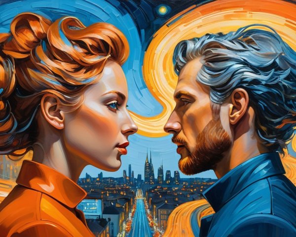 Abstract Portrait of Couple in Dynamic Cityscape