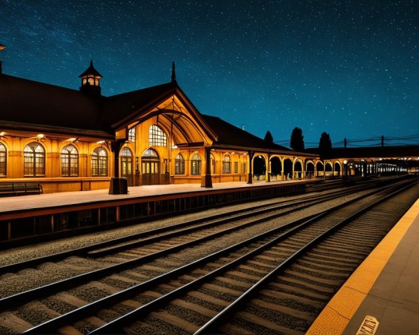Illuminated Vintage Train Station at Night