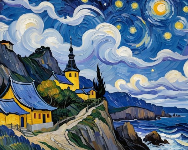 Village Landscape with Yellow Houses and Blue Roofs