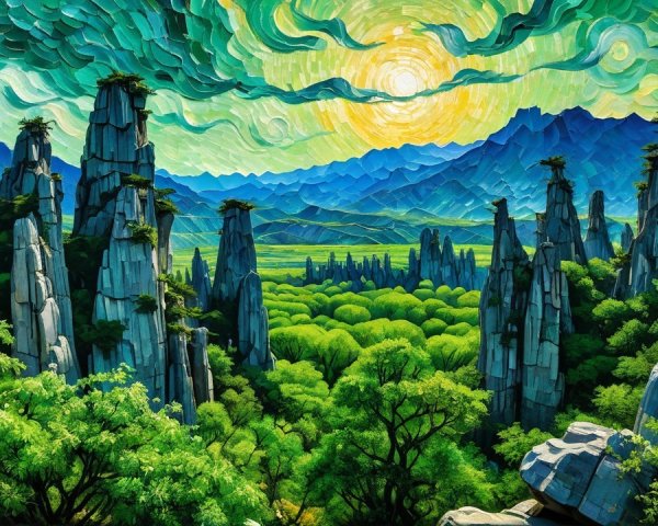 Colorful Oil Painting of Majestic Mountain Landscape