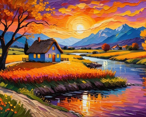 Vibrant Sunset Over Tranquil Landscape with Cottage