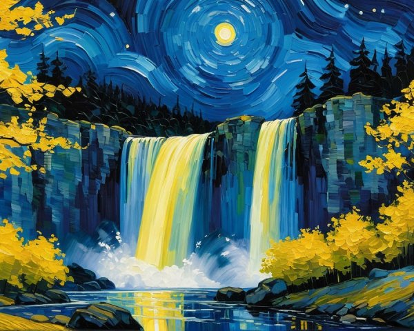 Majestic Waterfalls Under Moonlit Night Sky