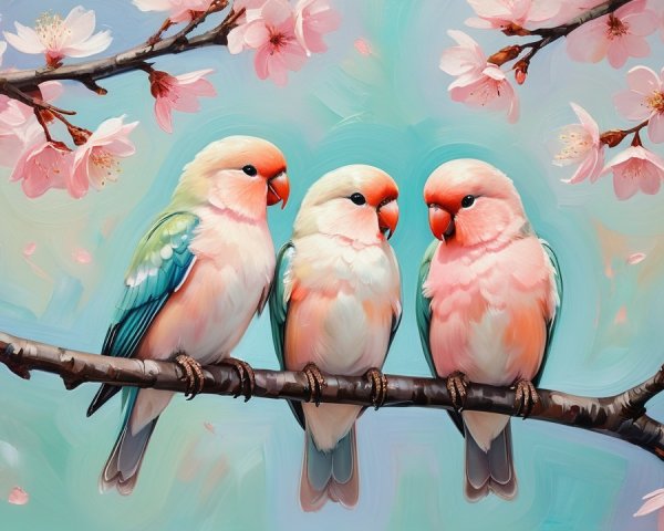 Pastel Birds on Cherry Blossom Branch in Spring Scene