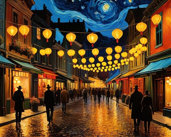 Charming Night Street Scene with Lanterns and Vintage Style