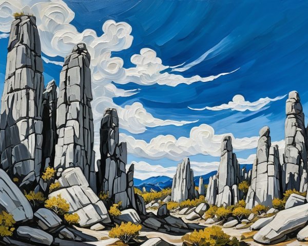 Landscape Oil Painting with Gray Boulders and Blue Sky