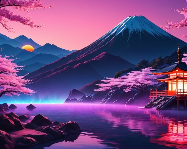 Tranquil Lake and Sunset with Cherry Blossoms and Pagoda