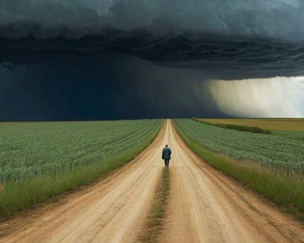Solitary Figure on Dusty Road Under Dramatic Sky