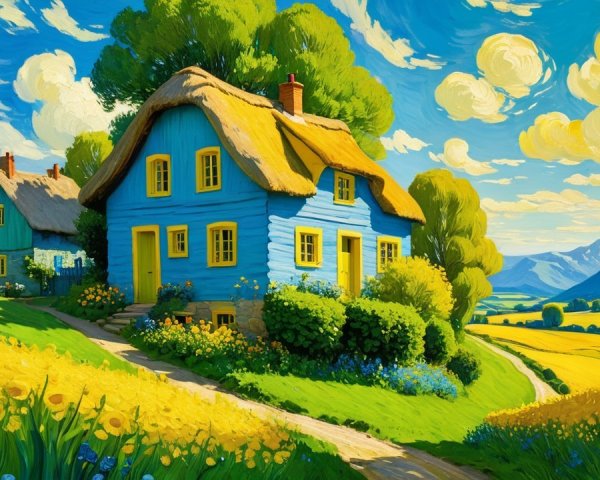 Whimsical Cottage Illustration in Countryside Setting