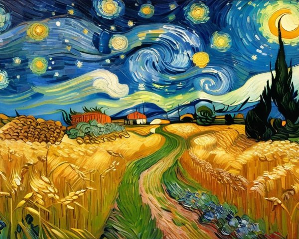 Colorful Painting of Starry Night Over Wheat Field