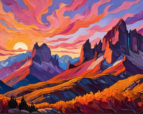 Majestic Mountains and Sunset Over Vibrant Landscape