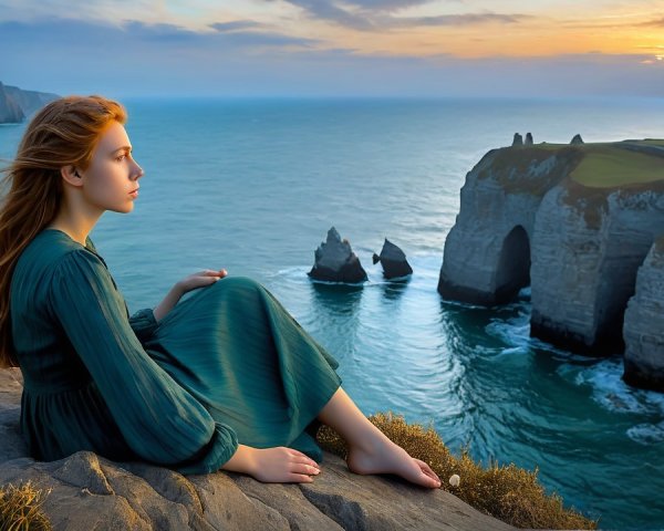 Young Woman in Green Dress by Ocean at Sunset