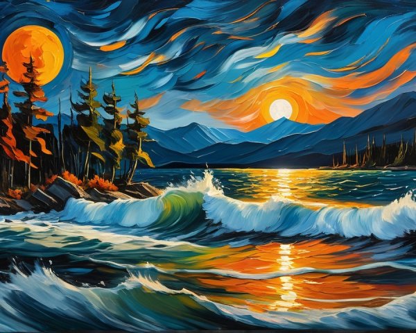 Vibrant Oceanic Landscape with Moon and Mountains