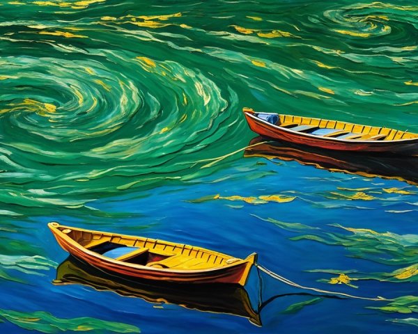 Wooden Boats on Colorful Water and Sky