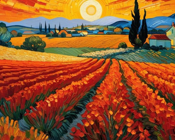 Vibrant Landscape of Orange Flowers and Rolling Hills