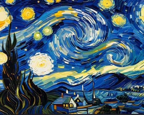 Swirling Night Sky with Stars and Crescent Moon