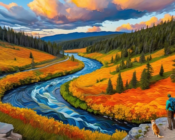 Vibrant Landscape with River and Autumn Foliage