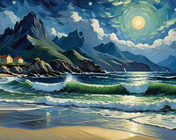 Expressionist Oil Painting of Moonlit Ocean Scene